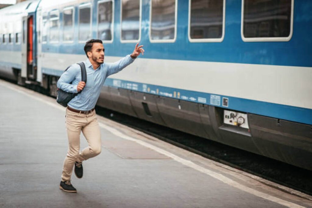 latino businessman is late for the train
